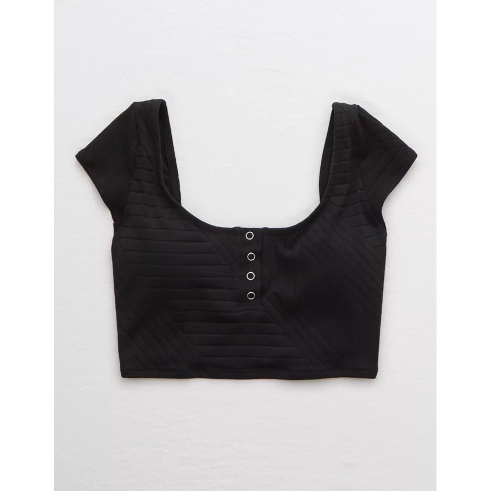 Aerie Black Ribbed Cap Sleeve Henley Bikini Top Large L - Picture 3 of 6